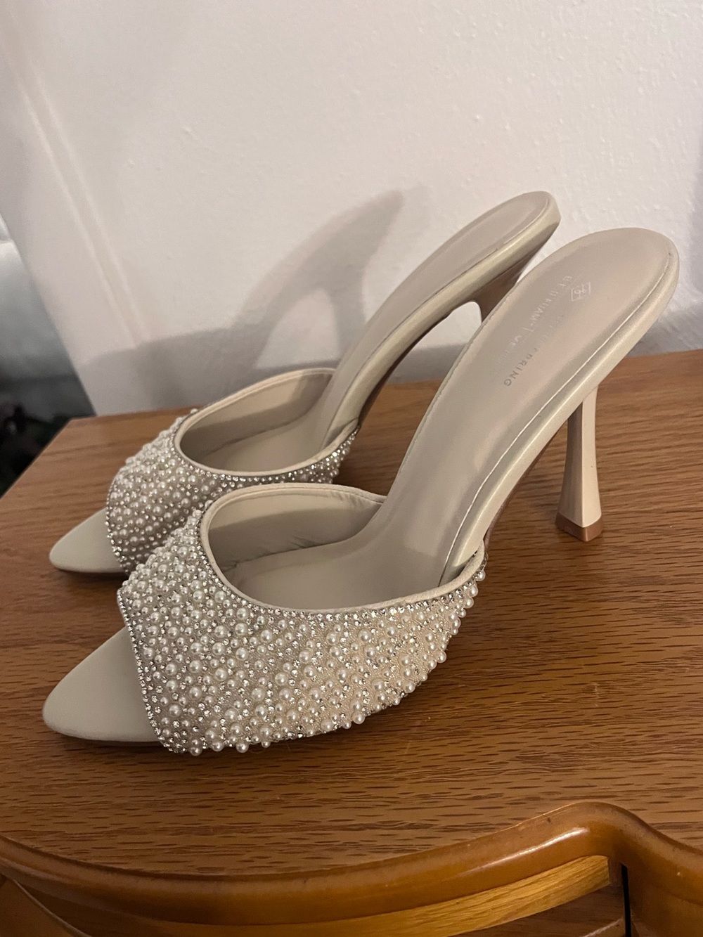 Call It Spring - Audrey Sandal
Pearl Embellished Open-Toe High Heel Mules
